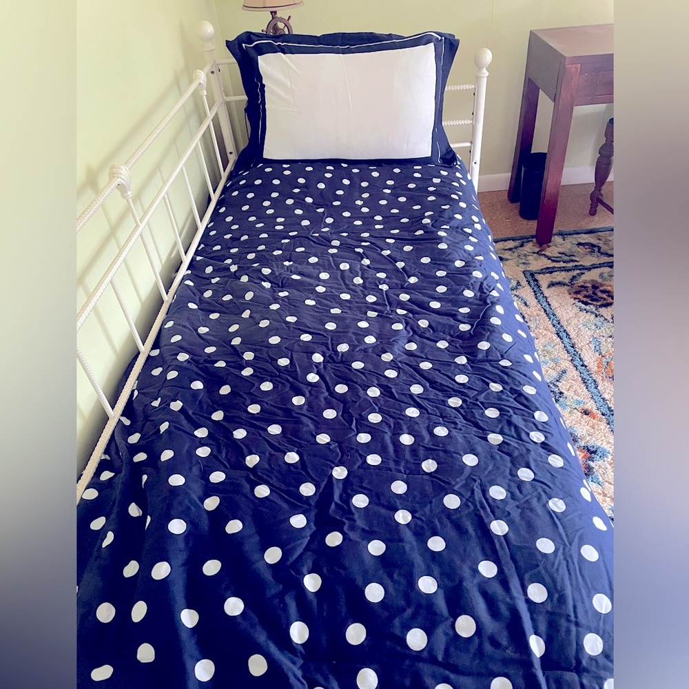 Kate Spade New York twin XL comforter set, navy/white polkadot, reversible